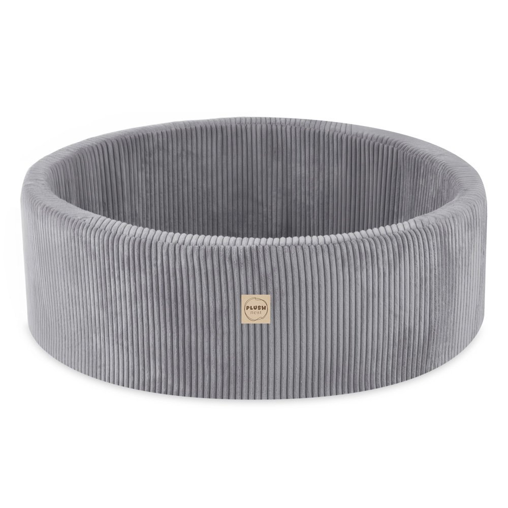 PLUSH NEST Spielplatz 3-teilig + Trockenbecken 90×30 (+200 Bälle: Perlmutt, Silber, Hellblau), Grau, Premium-Cord