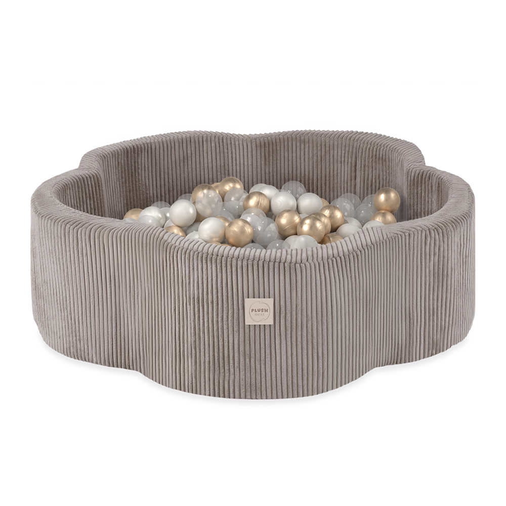 PLUSH NEST Trockenblumenpool, 95 × 30 cm, beige, Premium-Cord, Floral Fun Zone, 300 Bälle: Perlmutt, Gold, transparent