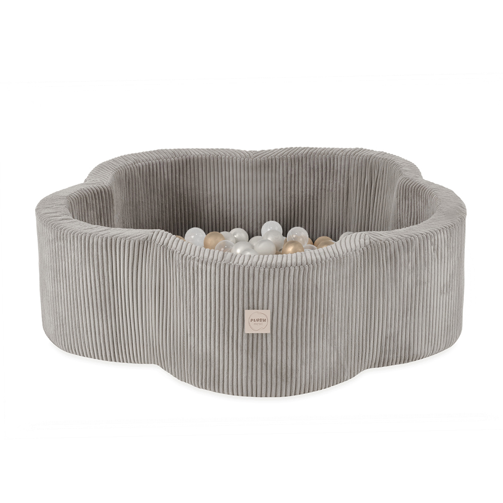 PLUSH NEST Trockenblumenpool, 95 × 30 cm, beige, Premium-Cord, Floral Fun Zone, 200 Bälle: Perlmutt, Gold, transparent