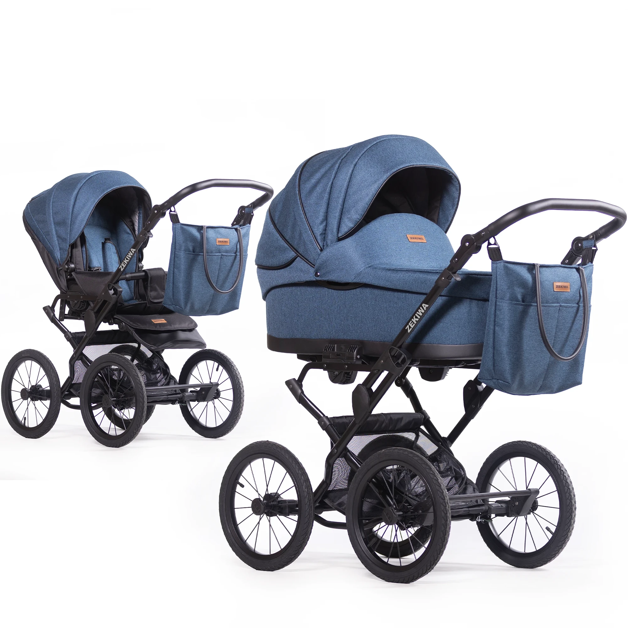 Kombikinderwagen "Saturn Royal" - Aqua - [ 81cm XL Liegefläche ] + Sportwagenaufsatz + Wickeltasche - 12 Zoll oder 14 Zoll Räder 