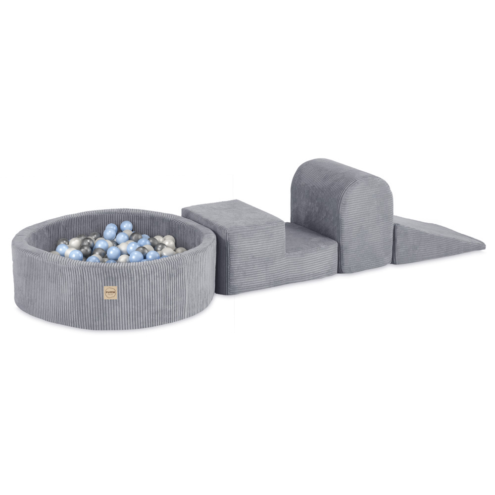 PLUSH NEST Spielplatz 3-teilig + Trockenbecken 90×30 (+200 Bälle: Perlmutt, Silber, Hellblau), Grau, Premium-Cord