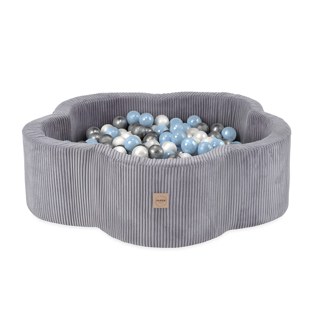 PLUSH NEST Trockenblumenpool, 95 × 30 cm, grau, Premium-Cord, Floral Fun Zone, 300 Bälle: Perlmutt, Silber, Hellblau 