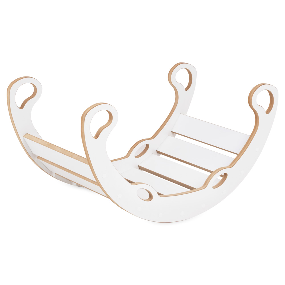 PLUSH NEST Kinderschaukelstuhl XS Mini-Schaukelstuhl 2-in-1 + Kissen, Hellbeige, Weiß, Holzspiel