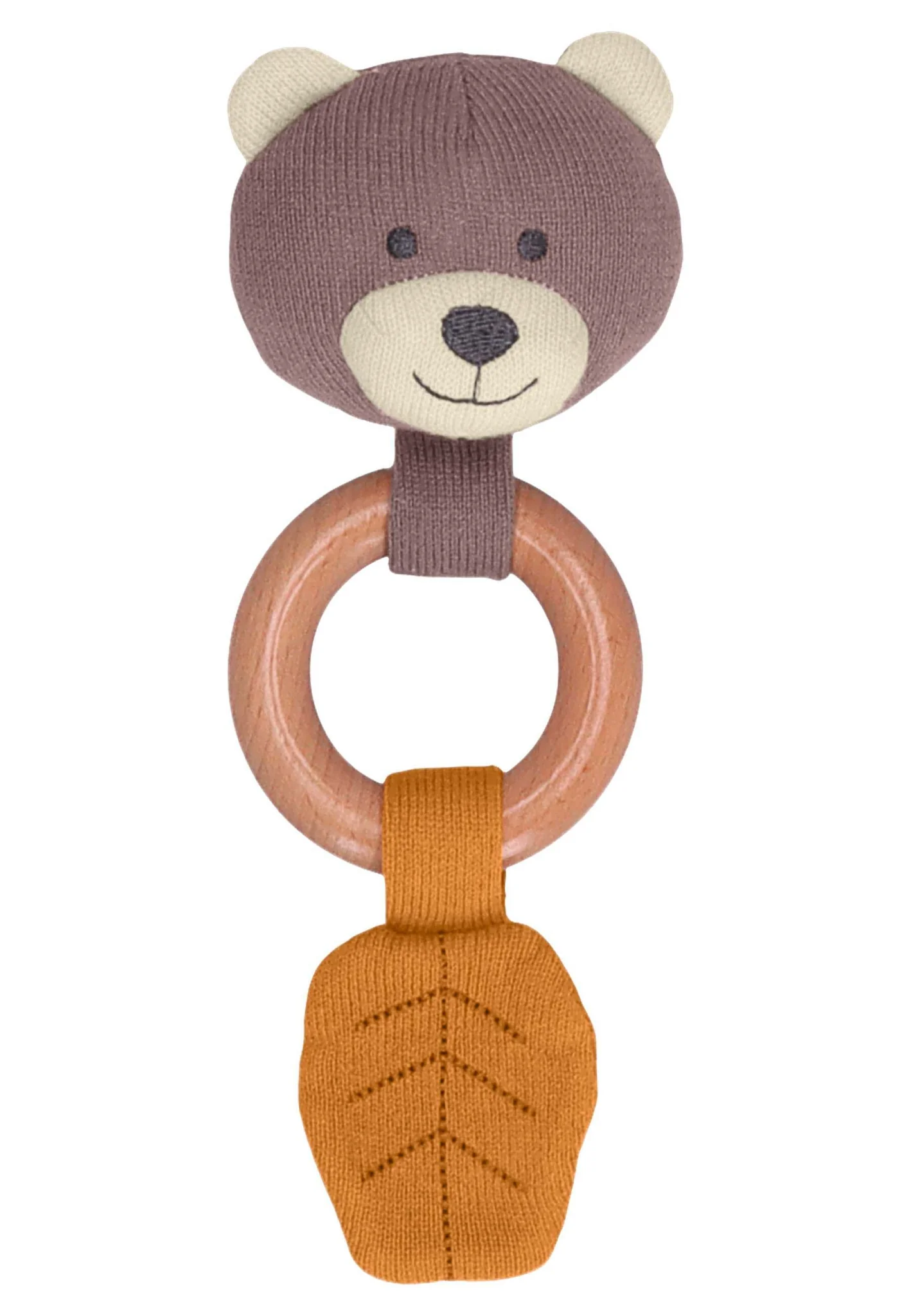 GOTS Baby Strick Spielfigur Bär mit Holz Greifring