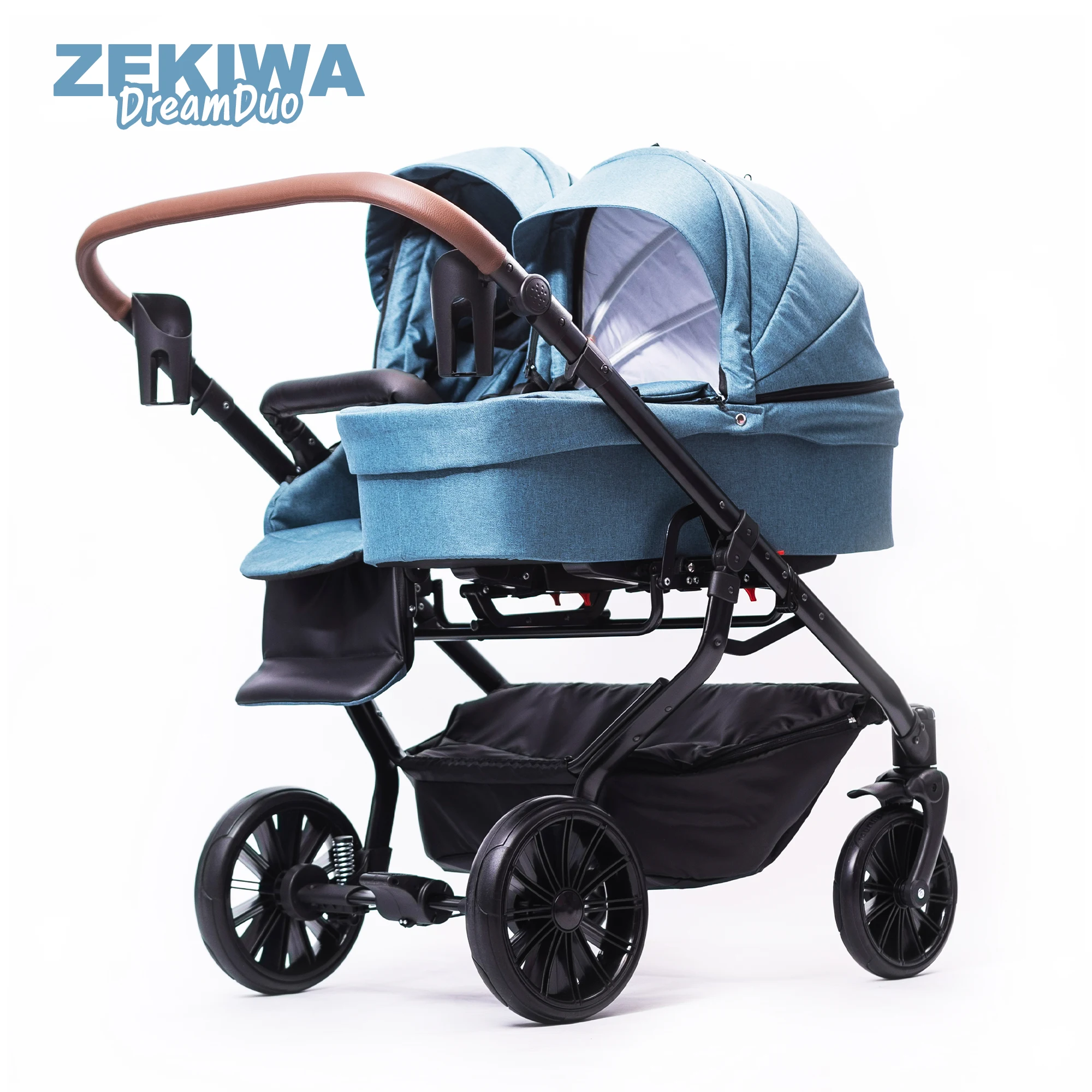 ZEKIWA DreamDuo [+ SPORTWAGENAUFSATZ] Zwillingswagen Komplettset - Gestell schwarz + Wickeltasche + Regenschutz