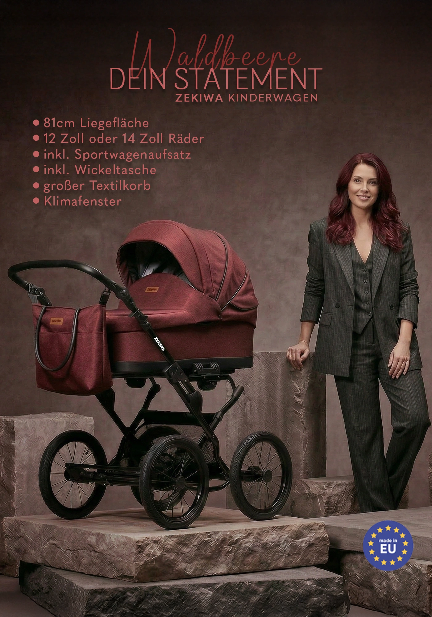 ZEKIWA 2 in 1 Kinderwagen mit großer Liegefläche - großen 12 oder 14 Zoll Räder und Riemenfederung