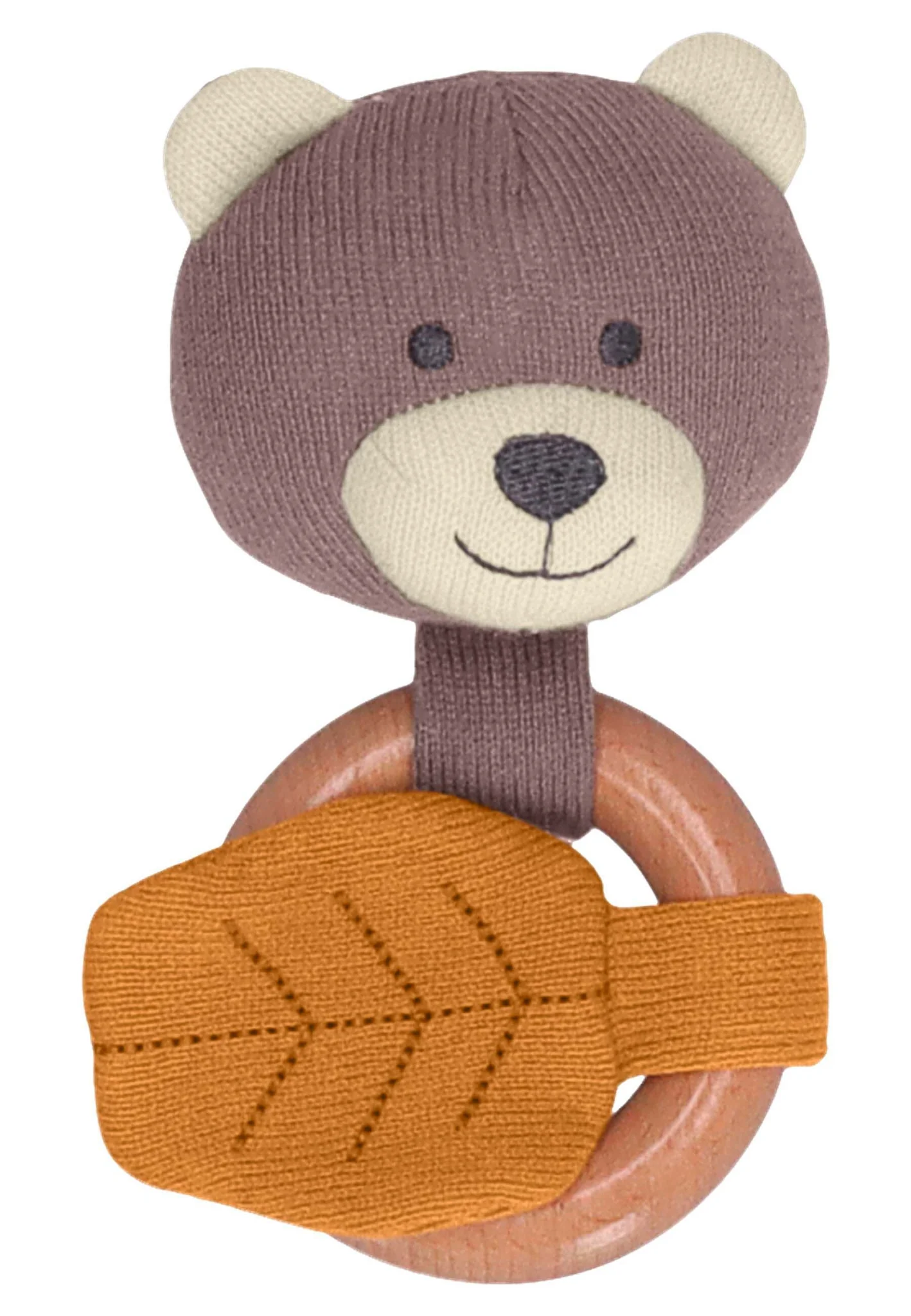 GOTS Baby Strick Spielfigur Bär mit Holz Greifring