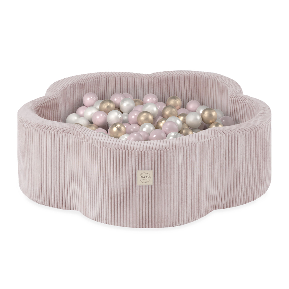 PLUSH NEST Trockenblumenpool, 95 × 30 cm, rosa, Premium-Cord, Floral Fun Zone, 300 Bälle: Perlmutt, Hellrosa, Gold