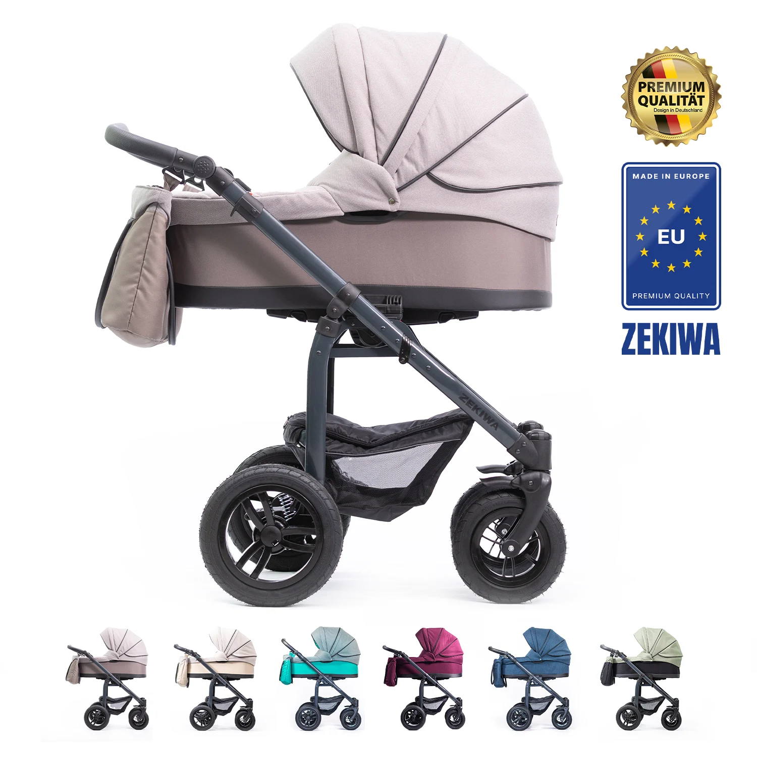ZEKIWA Kinderwagen 3 in 1 [XL Wanne] - robustes Gestell mit Antischocksystem + Sportwagenaufsatz + Regenschutz + Insektenschutz + Wickeltasche | Saturn Royal