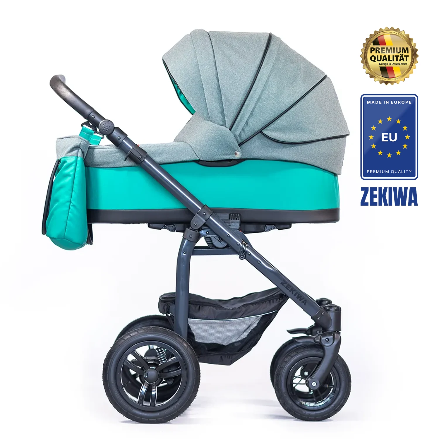 ZEKIWA Kinderwagen 3 in 1 [XL Wanne] - robustes Gestell mit Antischocksystem + Sportwagenaufsatz + Regenschutz + Insektenschutz + Wickeltasche | Saturn Royal Green