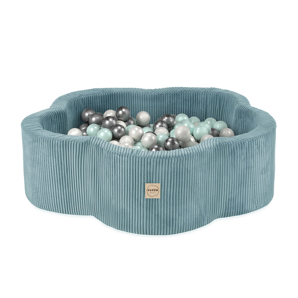 PLUSH NEST Trockenblumenpool, 95 × 30 cm, blau, Premium-Cord, Floral Fun Zone, 300 Bälle: Perlmutt, Silber, Hellblau  