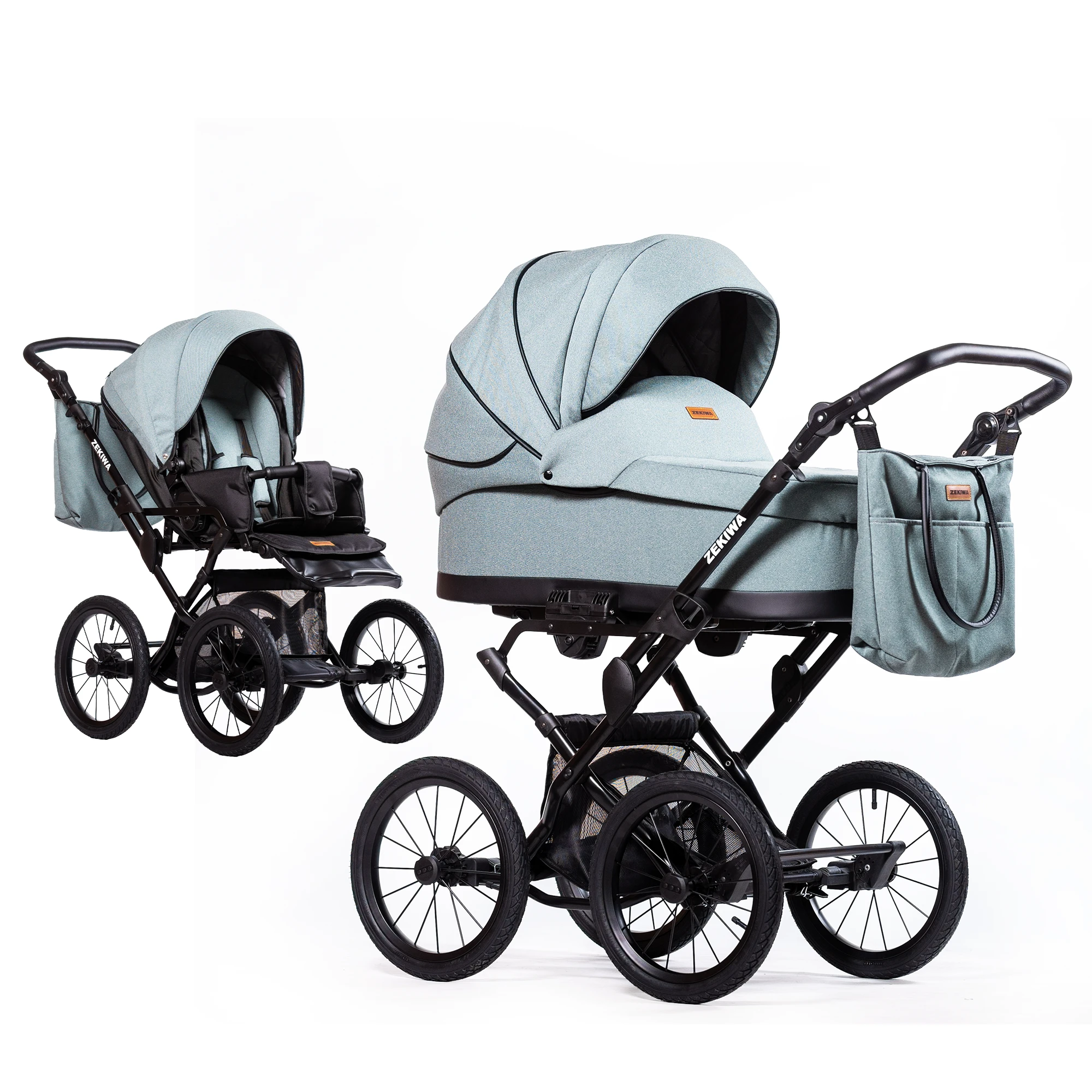 ZEKIWA Kinderwagen "New Green" mit 81cm Liegefläche - 14Zoll Räder - Riemenfederung - Sportwagenaufsatz und Wickeltasche