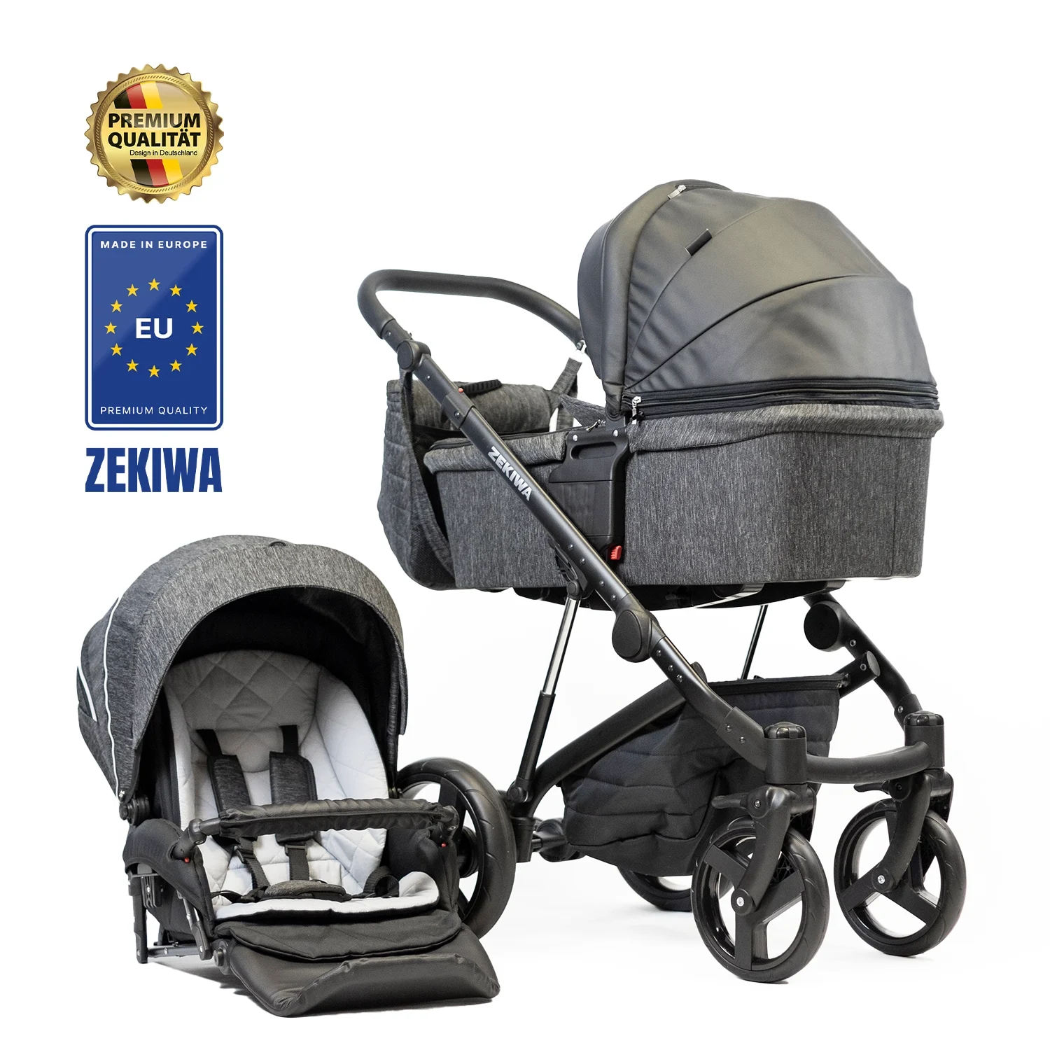 ZEKIWA Kombikinderwagen "Brilliant Schwarz Graphit" - mit beweglichen Vorderrädern, inkl. Sportwagenaufsatz und Wickeltasche mit Regenplane und Insektenschutz ZEKIWA Kombikinderwagen "Brilliant Schwarz Graphit" - mit beweglichen Vorderrädern, inkl. Sportwagenaufsatz und Wickeltasche mit Regenplane und Insektenschutz