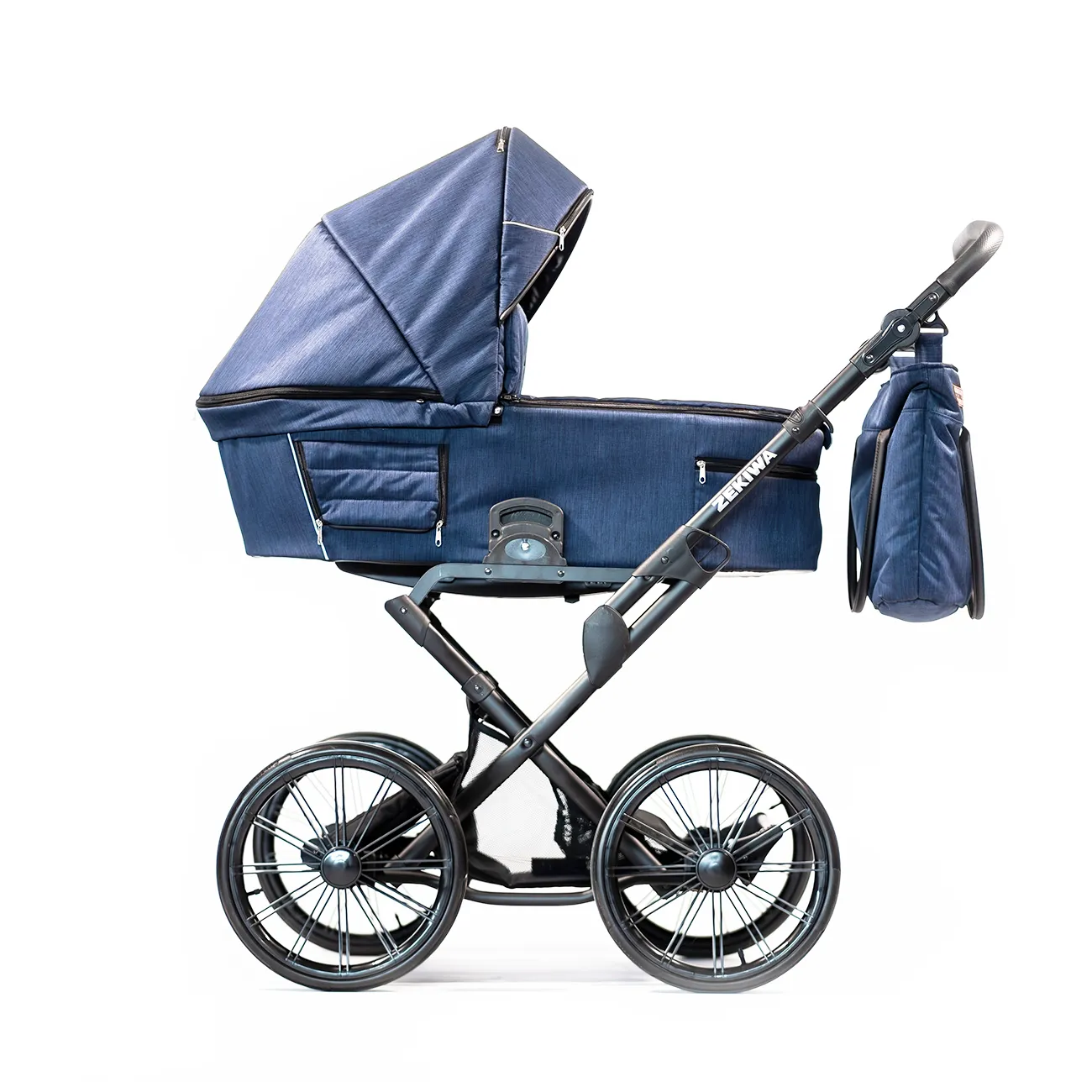 ZEKIWA Touring Galant 2 in 1 Kinderwagen, große Liegefläche, Riemenfederung für alle Untergründe, große 14 Zoll Luftreifen, Jeansblau