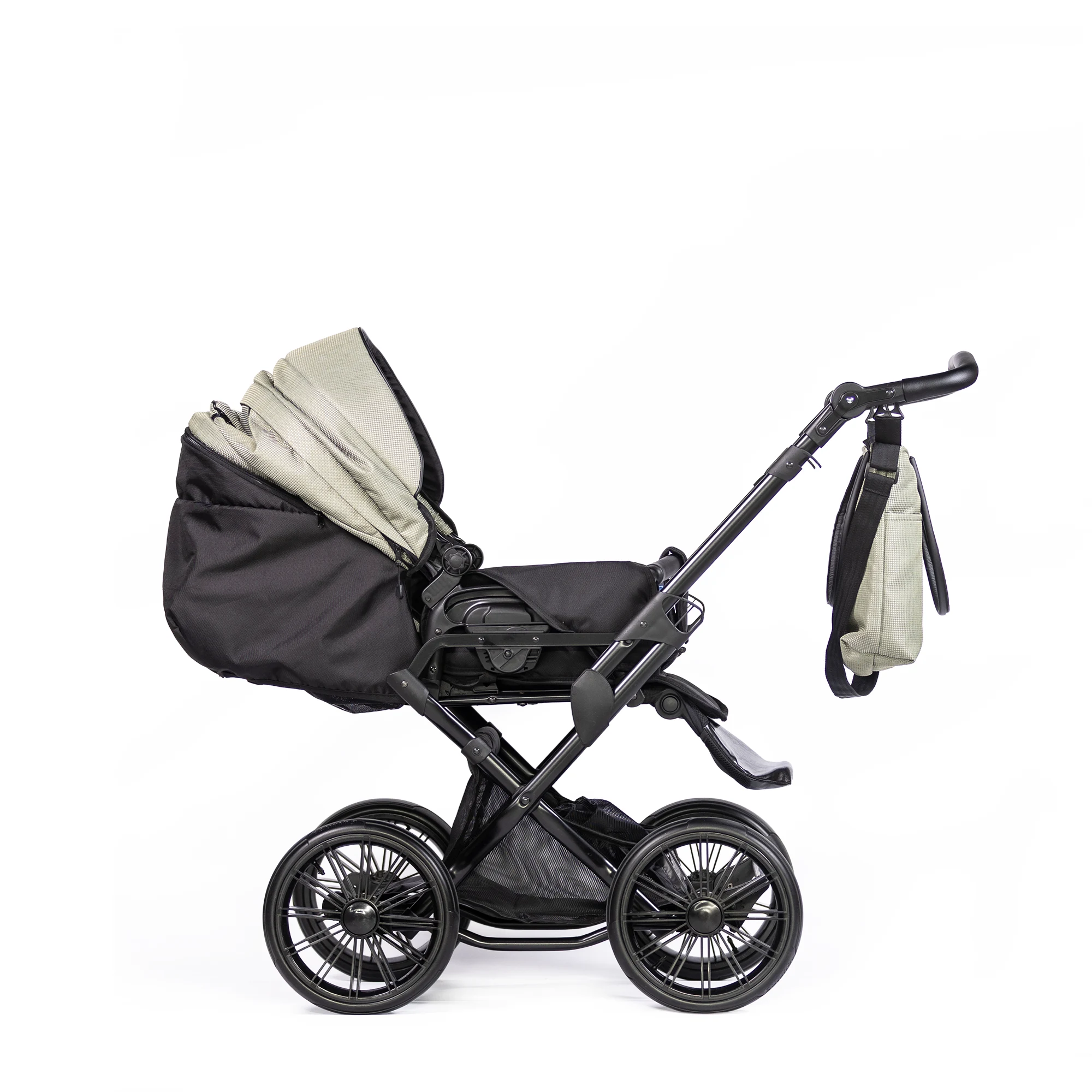 Kombikinderwagen Saturn Royal "Olivenschimmer" mit beweglichen Vorderrädern und 81cm XL Liegefläche + Sportwagenaufsatz  